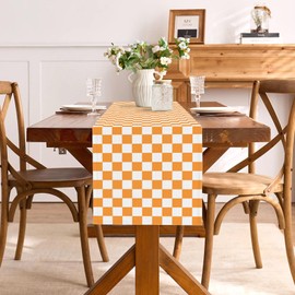 Orange Fall Checkered Table Runner Thanksgiving Harvest Checkerboard Table Decorations for Festivel Wedding Birthday Bridal Baby Shower Home Party Kitchen Island Decor 13" x 72"