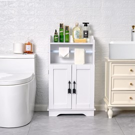 Mega Roll Toilet Paper Holder Cabinet, VECELO Stand Bathroom Storage Organizer of Rolls & Paper Towel, Waterproof, Large Capacity Reserve Area, Removeable Rod