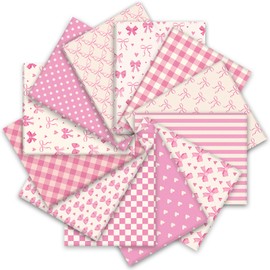Whaline 12Pcs Pink Bow Cotton Fabric Bundles Bowknot Heart Plaid Dot Stripe Fat Quarters Pink Sewing Fabrics for DIY Handmade Craft Decor, 18 x 22 in