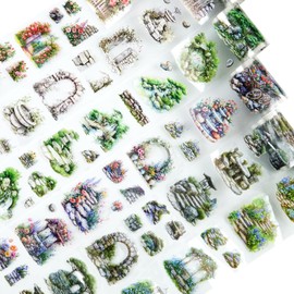 AuriicLeaf Stone Landscape PET Tape Set, 6 Rolls Pre-Cut Garden Scenery Stickers for Scrapbooking, Journaling, DIY Crafts, and Gift Wrapping