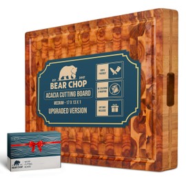 [2025 Upgraded] Bearchop Acacia Wood Cutting Board for Kitchen, 4-Side Reinforced Bar for Anti Crack/Warp, [17"x13"x1"] End Grain Wooden Butcher Block Cutting Board with Gift Box, Juice Groove, Handle
