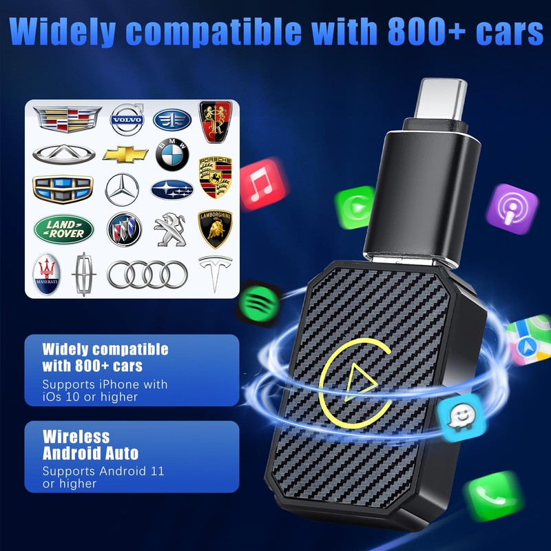 2-in-1 Wireless Adapter for Android Car and CarPlay, USB-C/A, Plug