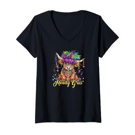 Womens Mardi Gras Highland Cow Moody Gras Funny Pun Fat Tuesday V-Neck T-Shirt