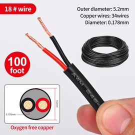 18 Gauge 2 Conductor 18 AWG Stranded PVC Cord Oxygen-Free Copper Cable 100FT 2 Core Flexible Extension Power Cord for Auto LED Lamp Lighting Strips Automotive