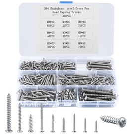 300 Pcs Wood Screws Assortment Set, Self Tapping Screws for Wood, M3 M4 M5 Cross Drive Round Head Screws, Pan Head Fastening Screws for Plastic Wood Soft Metal Home DIY