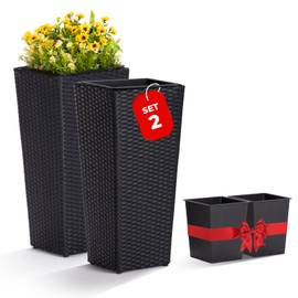 IDZO Wicker All-Weather Planter Set with Liners Tall Plant Decor Box for Outdoors Patio Herb Garden Furnishings - Rectangular Mocha