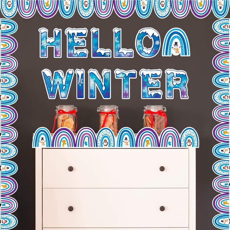 Winter Boho Rainbow Cut-Outs Hello Winter Classroom Bulletin Board with