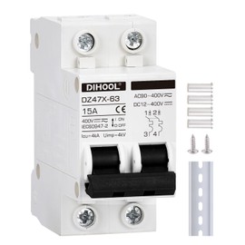 DIHOOL Solar Disconnect Switch, 15 Amp 2 Pole, DIN Rail Mount, Non Polarized, 12V 24V 48V 400V, AC/DC Circuit Breaker, RV Battery Isolator, PV Array MCB, Thermal Magnetic Trip
