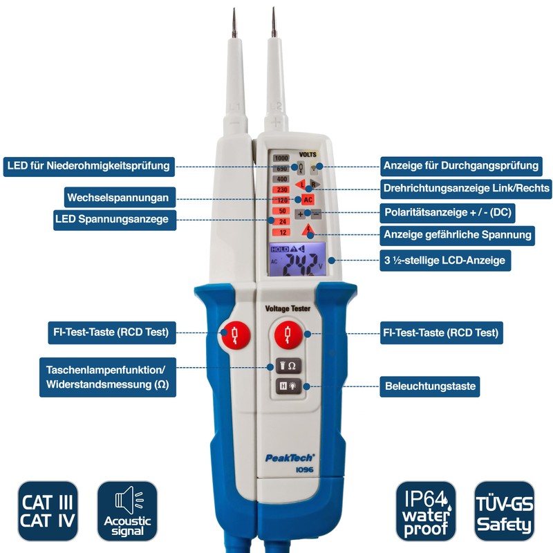 PeakTech 1096 2-Pin AC/DC Voltage Tester with Dual Display &