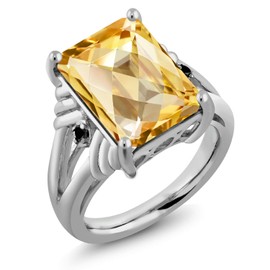 Gem Stone King 925 Sterling Silver Yellow Citrine and Black Diamond Engagement Ring For Women (6.79 Cttw, Gemstone November Birthstone, Emerald Cut Checkerboard 14X10MM, Size 6)