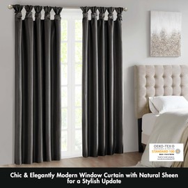 Madison Park Emilia Faux Silk Total Blackout Single Curtain with Privacy Lining, DIY Twist Tab Top, Window Drape for Living Room, Bedroom and Dorm, 95" L x 50" W, Black