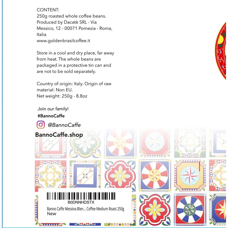 Banno Caffe Messina Blend Whole Bean Coffee Medium Roast 250g