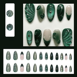 Jremg Uñas Postizas Verdes De Presión, Almendradas Medianas, Con Diseño 3D De Hojas Y Gotas De Agua, Brillantes Y Con Purpurina Verde. Uñas Postizas Reutilizables Con Pegamento De Estrella Plateada Pa
