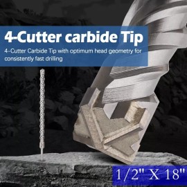 Vearter 1/2'' X 18'' SDS PLUS Rotary Hammer Drill Bit For Concrete Masonry 4 Cutters