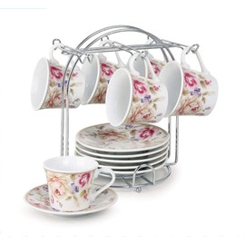 Set of 6 Espresso Cups 2oz. On Metal Stand-Pink and Ivory Flower