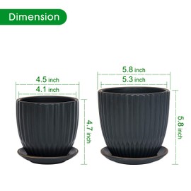 Set of 2 Stoneware Planter Pot, Ceramic Pot with Drainage Hole and Saucers, 4 Inch & 6 Inch, Charcoal Grey