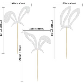 Ephlyn 24Pcs Happy Easter Cupcake Toppers Glitter Easter Bunny Ear Cupcake Pick Decorations for Easter Spring Theme Baby Shower Kids Birthday Party Supplies Silver