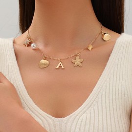 Summer Shell Starfish Necklace for Women Bohemian Mermaid Pearl Shell Summer Ocean Seashell Charm Necklace Hawaiian Surf Beach Jewelry (StyleE)