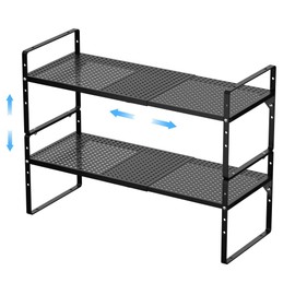 GEDLIRE Expandable Kitchen Cabinet Shelf Organizer 2 Pack, Stackable Metal Pantry Storage Shelves, Adjustable Counter Shelf Organizer Rack for Kitchen Cabinets, Cupboard, Countertop, Closet, Black