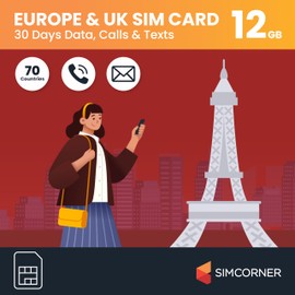 Europe & UK Travel Sim Card | Datos de Internet | Llamadas ilimitadas y SMS (datos de Internet de 12 GB)