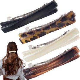Axicvloes 4 Pcs French Barrette Hair Clips, 2.56" Flat Tortoise Shell Hair Clip, Small Hair Barrettes Hair Accessories for Curved Glossy Thin Hair (4 Colors)