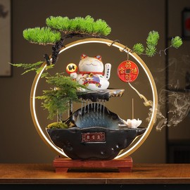 TXYXT Desk Waterfall Fountain Indoor with Chinese Ceramic Lucky Cat Waving Arm Figurine,Tabletop Mini Water Fountain Decoration with Mist，Adjustable LED Light Ring and Backflow Incense Burner Holder
