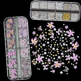 SEMATA 2 Box 3D Flower Nail Charms, Purple Nail Gems Gold Silver Butterfly Flatback Pearl Nails Rhinestones Charms for Nails Art Jewels Design Decor(Purple)