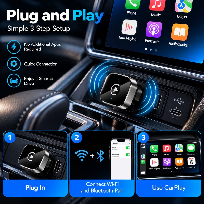 Wireless CarPlay Adapter for iPhone & Android – 23mm Plug-and-Play