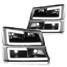 PM PERFORMOTOR [4Pcs-Set] LED DRL Headlights+Bumper Lamps Compatible with 03-07 Chevy Silverado Avalanche,Black Housing/Clear Lens