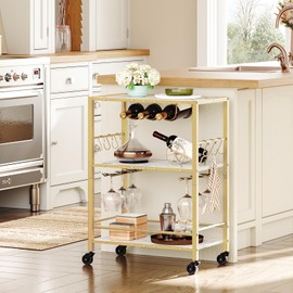 YATINEY Bar Cart Gold, 3-Tier Serving Cart, Kitchen Cart with Wine Rack and Cup Holders, Beverage Cart, Mobile Microwave Cart with 6 Hooks, for Kitchen, Living Room, White and Gold BC02DW