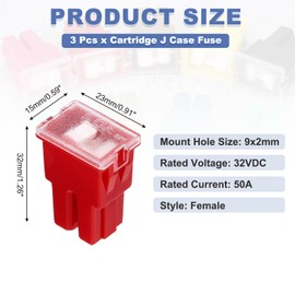 MECCANIXITY 3pcs Cartridge Fuse, 32VDC 50A Female Terminal Automotive Assortment J Case Fuse for Car, Truck, RV, Boats, Red
