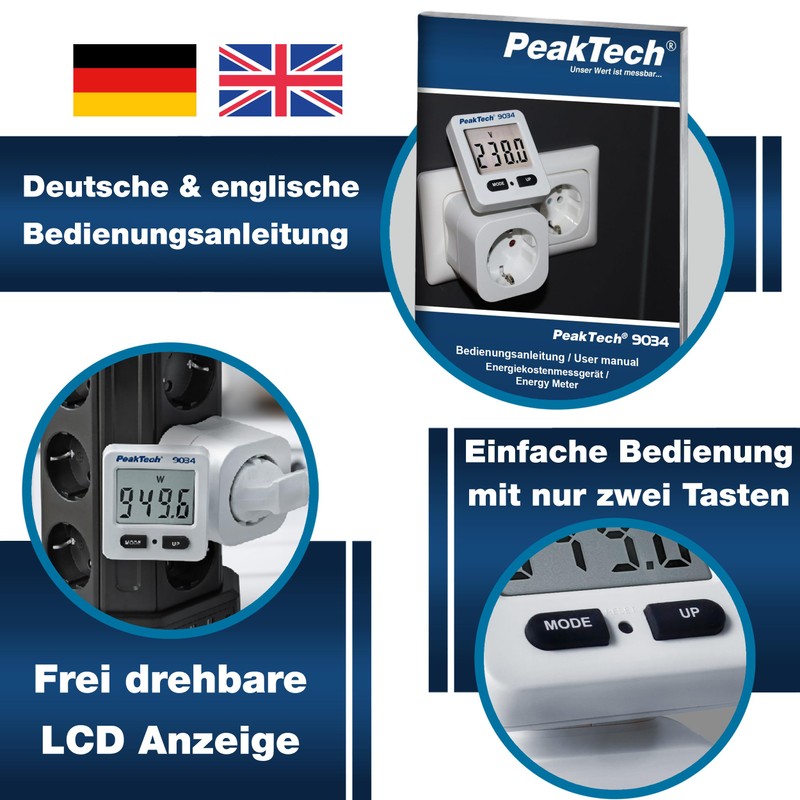 PeakTech 9034 Energy Cost Meter, Current Meter, 0.1 W Resolution