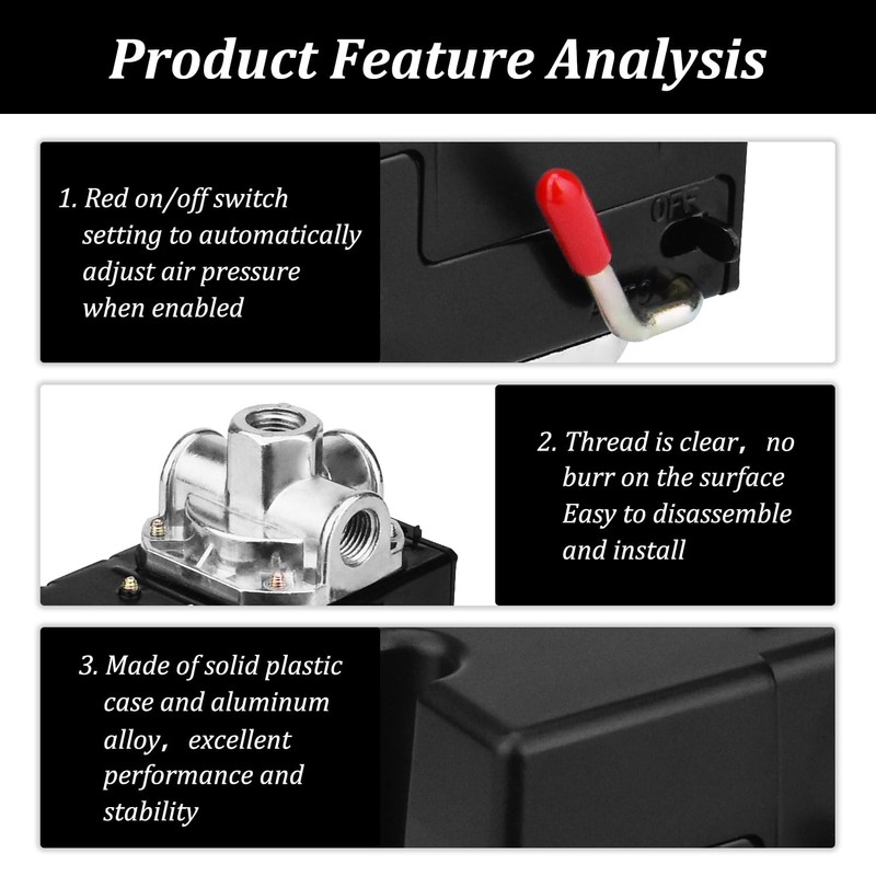 FBANG Air Compressor Pressure Switch Control Valve 135-175 PSI，Horizontal 4-way