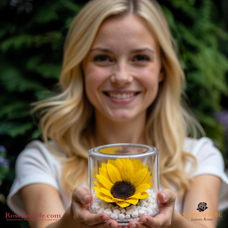 Premium-rose.com Round Box with Stabilized Sunflower and Carrara Marble Unique