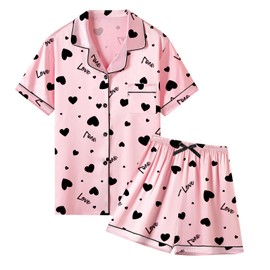 QZH.DUAO Short Sleeve Silky Pajamas Set for Women, 2 Pcs Satin Sleepwear Button Down Nightwear Soft Pjs Set, Pink Heart, Small