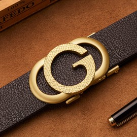 VANNANBA Ratchet Leather Belt for Men Designer Belts for Men with Automatic Buckle Alloy,Trend Fashion with Gift Box, Gold-brown Leather, 36"-39" Waist Adjustable