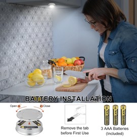 HONGUT LED Puck Lights, Battery Operated, Tap Light, Stick on Lights, Under Cabinet Lighting, Closets, Shelf Lights，Garage and More,6-Pack, Silver (18 AAA Batteries are Included)