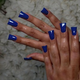 KQueenest Duck Press on Nails Medium - Acrylic Press on Nails Royal Blue, Glossy Opaque Fake Nails with Glue, Fit Perfectly, Bright Vibrant Reusable Soft Gel Glue on Nails for Women, 24 Pcs