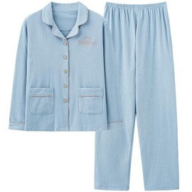 Akihee Women's Room Wear, Top and Bottom Set, 100% Cotton, Spring, Summer, Autumn, Long Sleeve, Open Front, Pajamas, Skin-friendly, Sweat Absorbent, Breathable, Sleepwear, Loungewear, Loose Fit,