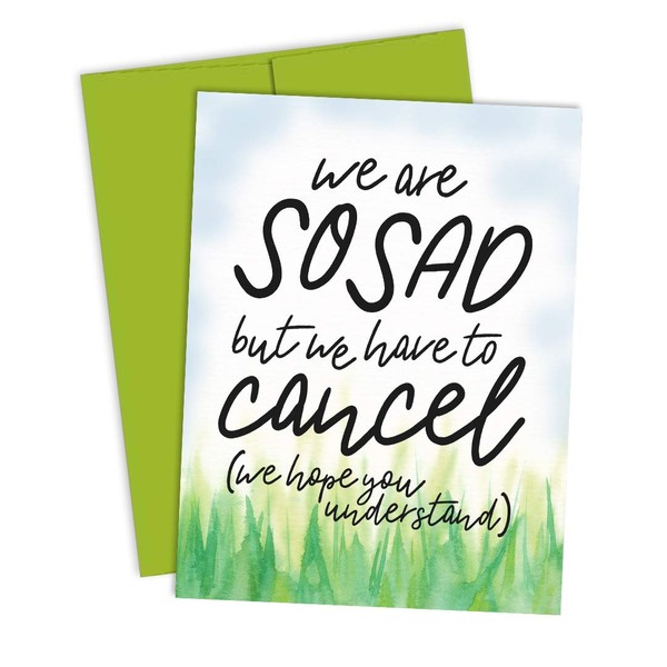 Event Cancellation & Postponement Premium Greeting Cards:"Sad That We Have To Postpone/Cancel" - Blank Inside For All Events - 10 Bulk Pack Card Set with Green Envelopes - Made in the USA (Cancel)