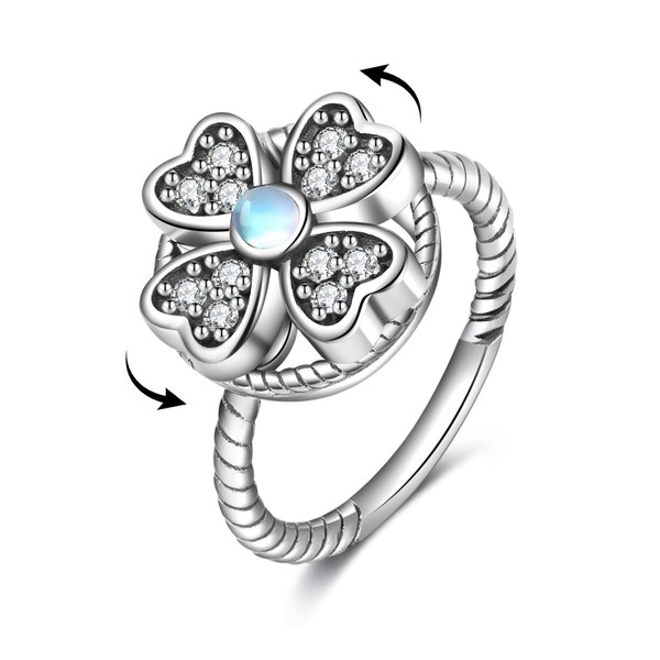 MONGAS Four Leaf Clover Rings Sterling Silver Created Moonstone Four