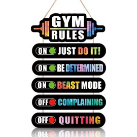 KAIRNE Gym Room Inspirational Sign for Workout Room Decor,Exercise Motivational Posters,Fitness Rules for Gym Wooden Plaque Sports Decor,Boys Bedroom Gym Sign Hanging Decor(12X2.3x5+12x4.7x1 inch)