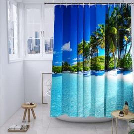 YISURE Shower Curtain 180 x 200 cm Ocean Beach Sea Palm Trees Shower Curtain Bath Textile Mould Resistant Machine Washable with 12 Metal Eyelets Width 180 x Height 200 cm