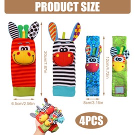 4 Pcs Baby Wrist and Ankle Rattles Toys, Sensory Toys for Babies, Foot Finder Baby Toy with Sensory Stimulation, Soft Animal Bell Newborn Gifts for 0 3 6 9 12 Month Infant Boys Girls