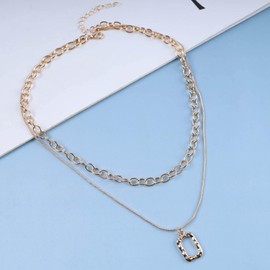 Cimenexe Bohemian Layered Choker Necklace Textured Square Pendant Necklace Gold Raised Square Necklace Paper Clip Chain Necklace Geometric Carved Rectangle