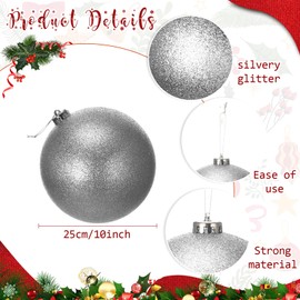 10'' Extra Large Christmas Ornaments Balls Oversized Christmas Hanging Ball Plastic Glitter Ball Christmas Ball Ornaments for Yard Outdoors Lawn Tree Hanging Decorations(1, Silver, 10 inch)