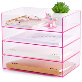 Harloon 4 Tier Acrylic Paper Tray Paper Organizer for Desk Clear File Organizer 12. 4 x 8. 7 x 2. 7 Inches File Tray for Office Workspace Desktop Storage, No Need to Assemble (Transparent Pink)