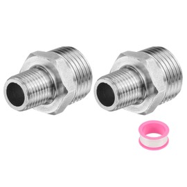 sourcing map 2pcs Hex Nipple Stainless Steel Pipe Fitting G1/2" Male x G1/4" Male Threaded Pipe Adapter Pipe Connector with PTFE Tape for Water, Gas, Fuel Pipeline (Silver Tone, 32mm/1.3")
