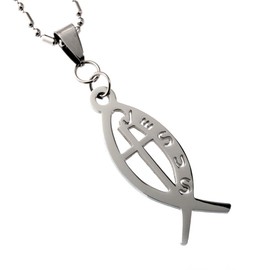 R.H. Jewelry Jesus Fish and Cross Pendant Stainless Steel Jewelry