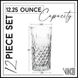 Vikko Drinking Glass, Set of 12 Crystal Style Tall Beverage Glasses, 12.25 Ounce Old Fashioned Highball Glasses, Dishwasher Safe Textured Collins Glass